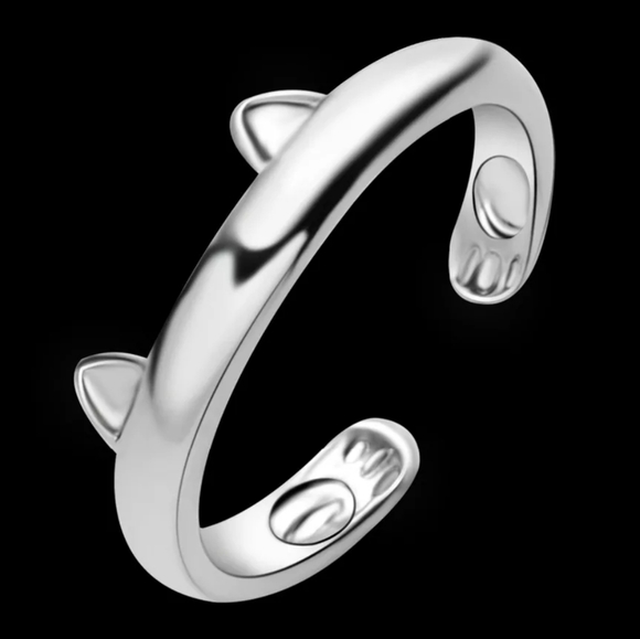 Silver Cat Kitty Ears & Paw Ring New! Adjustable - Picture 3 of 5